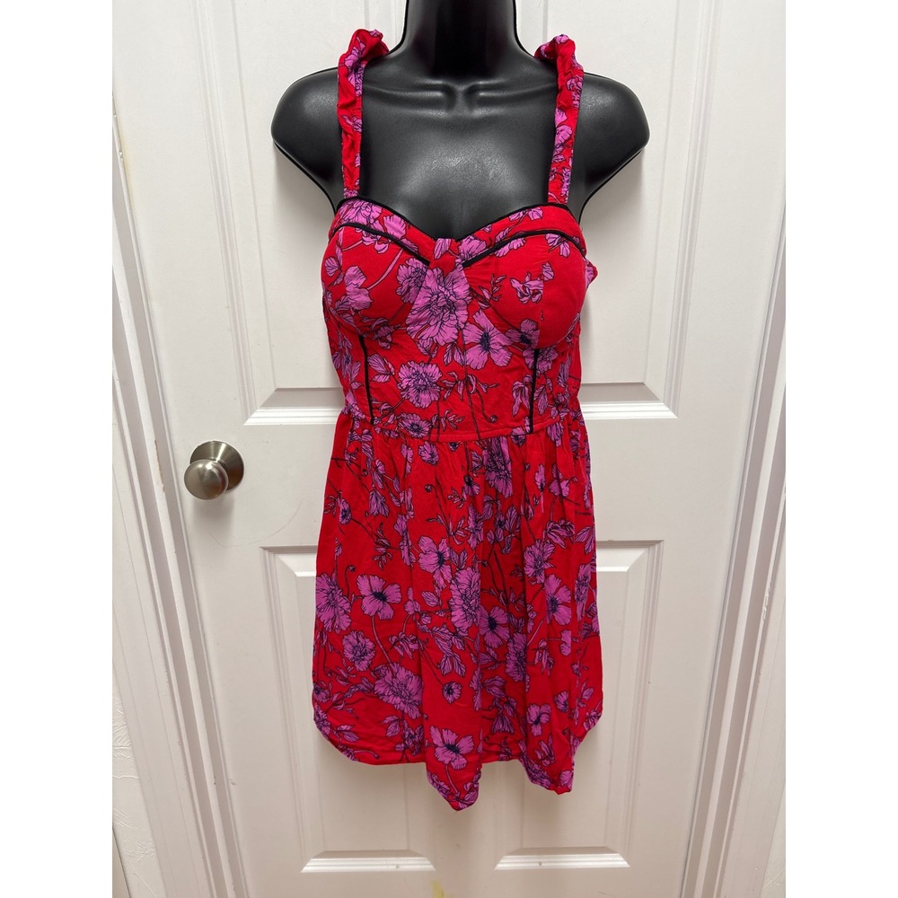 Land of the Free Red Purple Floral Bustier Mini Dress Ruffle Straps Large